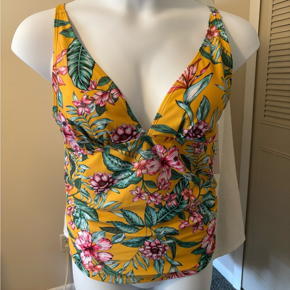 Nicole Miller Gold Yellow Floral V-Neck Swim Camisole Top